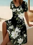 Women Floral Summer Printing Dress V Neck Short Sleeve Fit & Flare Dress A-Line Dress