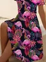 Women Flamingo Summer Printing Dress V Neck Short Sleeve Fit & Flare Dress A-Line Dress