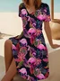 Women Flamingo Summer Printing Dress V Neck Short Sleeve Fit & Flare Dress A-Line Dress