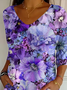 Casual Floral V Neck Three Quarter Sleeve T-shirt