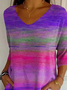Casual Abstract Stripes V Neck Three Quarter Sleeve T-shirt