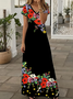 Women Floral Summer Printing Dress V Neck Short Sleeve X-Line Dress