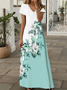 Women Floral Summer Printing Dress V Neck Short Sleeve X-Line Dress