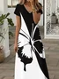 Women Butterfly Summer Printing Dress V Neck Short Sleeve X-Line Dress