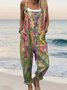 Women Floral Square Neck Gallus Casual Summer Cotton And Linen Jumpsuit