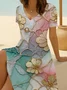 Women Floral Summer Printing Dress V Neck Short Sleeve Fit & Flare Dress A-Line Dress