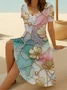 Women Floral Summer Printing Dress V Neck Short Sleeve Fit & Flare Dress A-Line Dress