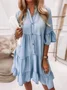 Women's Sweet Temperament Solid Color Washed Cotton Five-Quarter Sleeve A-Line Mid-Length Denim Dress