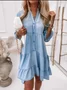 Women's Sweet Temperament Solid Color Washed Cotton Five-Quarter Sleeve A-Line Mid-Length Denim Dress