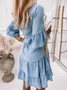 Women's Sweet Temperament Solid Color Washed Cotton Five-Quarter Sleeve A-Line Mid-Length Denim Dress