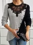 Slim Fit Lace Round Neck Color Matching Ribbed Cross Hem Long Sleeve Knitted Elegant Commuter T-Shirt Top