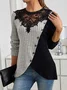 Slim Fit Lace Round Neck Color Matching Ribbed Cross Hem Long Sleeve Knitted Elegant Commuter T-Shirt Top