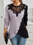 Slim Fit Lace Round Neck Color Matching Ribbed Cross Hem Long Sleeve Knitted Elegant Commuter T-Shirt Top