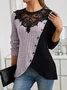 Slim Fit Lace Round Neck Color Matching Ribbed Cross Hem Long Sleeve Knitted Elegant Commuter T-Shirt Top