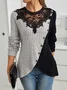 Slim Fit Lace Round Neck Color Matching Ribbed Cross Hem Long Sleeve Knitted Elegant Commuter T-Shirt Top