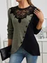 Slim Fit Lace Round Neck Color Matching Ribbed Cross Hem Long Sleeve Knitted Elegant Commuter T-Shirt Top