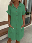Women Plain All Season Dress Shawl Collar Short Sleeve Shirt Dress H-Line Dress