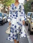 Women Floral Puff Sleeve Spring/Fall Dress V Neck Long Sleeve A-Line Dress
