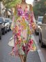 Women Floral Puff Sleeve Spring/Fall Dress V Neck Long Sleeve A-Line Dress