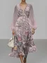 Women Floral Puff Sleeve Spring/Fall Dress V Neck Long Sleeve A-Line Dress