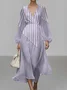 Women Striped Puff Sleeve Spring/Fall Dress V Neck Long Sleeve A-Line Dress