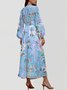 Women Floral Puff Sleeve Spring/Fall Dress V Neck Long Sleeve A-Line Dress