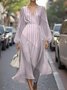Women Striped Puff Sleeve Spring/Fall Dress V Neck Long Sleeve A-Line Dress