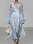 Women Striped Puff Sleeve Spring/Fall Dress V Neck Long Sleeve A-Line Dress