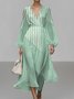 Women Striped Puff Sleeve Spring/Fall Dress V Neck Long Sleeve A-Line Dress
