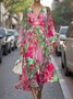 Women Floral Puff Sleeve Spring/Fall Dress V Neck Long Sleeve A-Line Dress