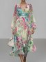 Women Floral Puff Sleeve Spring/Fall Dress V Neck Long Sleeve A-Line Dress