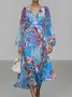 Women Floral Puff Sleeve Spring/Fall Dress V Neck Long Sleeve A-Line Dress