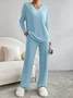 Women Plain Embossed Two-Piece Set Daily Long Sleeve Casual Spring/Fall Top With Pants Matching Set