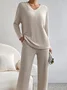 Women Plain Embossed Two-Piece Set Daily Long Sleeve Casual Spring/Fall Top With Pants Matching Set