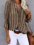 V Neck Long Sleeve Striped Printing Regular Micro-Elasticity Loose Tunic Shirt For Women