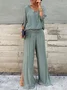 Women Plain Split Joint Two-Piece Set Daily Half Sleeve Casual Summer Top With Pants Matching Set