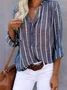 V Neck Long Sleeve Striped Printing Regular Micro-Elasticity Loose Tunic Shirt For Women