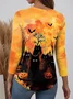 Halloween T-shirt Black Cat Pattern Vintage Crew Neck Long Sleeve Blouse