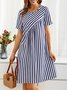 Women Striped Summer Dress Crew Neck Short Sleeve A-Line Dress