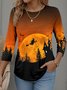 Halloween T-shirt Black Cat Pattern Vintage Crew Neck Long Sleeve Blouse