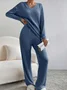 Women Plain Embossed Two-Piece Set Daily Long Sleeve Casual Spring/Fall Top With Pants Matching Set