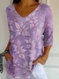 Casual Floral V Neck Three Quarter Sleeve T-shirt