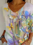 Casual Floral V Neck Three Quarter Sleeve T-shirt