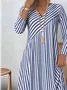 Women Striped Spring/Fall Printing Dress V Neck Long Sleeve T-Shirt Dress H-Line Dress