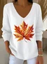 Women Cotton Maple Leaf Retro Ethnic Print Long Sleeve Comfy Sweater