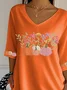 Casual Floral V Neck Three Quarter Sleeve T-shirt