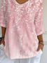 Casual Floral V Neck Three Quarter Sleeve T-shirt