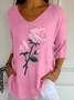 Casual Floral V Neck Three Quarter Sleeve T-shirt