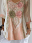 Casual Floral V Neck Three Quarter Sleeve T-shirt
