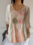 Casual Floral V Neck Three Quarter Sleeve T-shirt